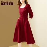 丹慕妮尔法式高端轻奢红色，连衣裙女春秋，气质收腰中长裙子