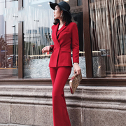 2019大牌女装气质红色西装，套装女时髦秋装欧洲站职业装喇叭裤