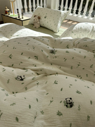 ins母婴级皱皱双层纱，卡通绿色小熊猫四件套，1.5m1.8米纯棉被套床单