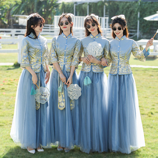 中式伴娘服女2023冬季姐妹团装礼服小众，高级感国风蓝色伴娘裙