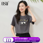 OSA欧莎短袖T恤女2024夏季复古减龄印花宽松显瘦圆领休闲上衣
