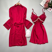 时尚性感蕾丝睡裙睡袍两件套带胸垫丝绸甜美可爱韩版家居服女