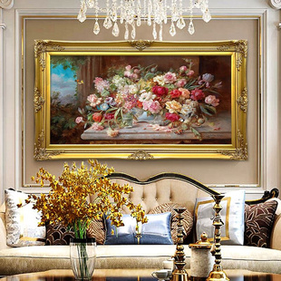 欧式古典花卉油画客厅，装饰画美式沙发背景墙壁画，餐厅玄关挂画横版