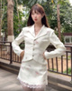 新中式蝴蝶印花套装女白色翻领收腰西服外套蕾丝拼接半身裙两件套