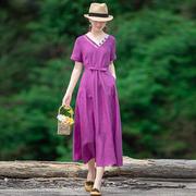 紫色棉麻连衣裙女士夏季时尚，潮流百搭文艺休闲气质，长裙仙女裙