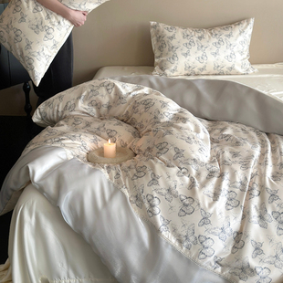 复古风印花蝴蝶天丝，四件套法式冰丝，床单60支凉感拼接被套床上用品