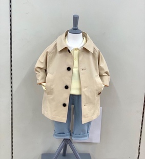 韩国中小童装 春男童宝宝洋气卡其色小翻领中长款风衣 外套
