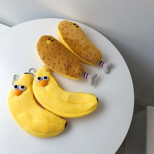 韩国ins自制可爱简约大眼睛香蕉鸡腿笔袋毛绒文具袋收纳袋文具盒