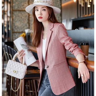 2023春秋高级感减龄粉色格子小西装外套女长袖网红气质工作服