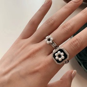 欧美宫廷风925纯银方形，滴釉珍珠花朵，戒指复古时尚开口气质戒指环