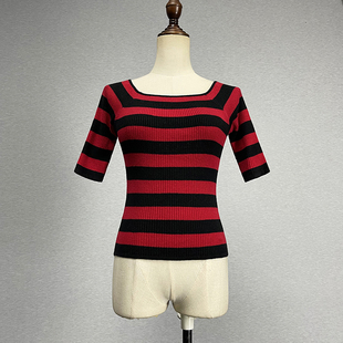 品牌折扣红黑条纹短袖T恤女弹力修身性感百搭方口领针织打底衫