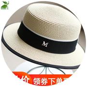 平顶白色草帽女式帽子夏天凉帽，平沿小礼帽m标帽子遮阳女款太阳帽
