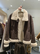 鹿皮绒羊羔毛外套(毛外套，)欧洲站冬款长袖，单排扣立领防寒加厚保暖女士上衣