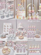 粉色系兔宝宝蛋糕装饰女宝小公主满月百天周岁生日甜品台装扮贴纸