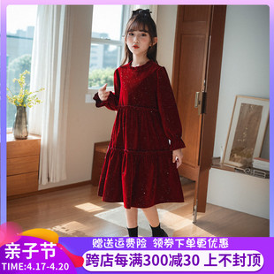 秋冬季女童金丝绒公主裙儿童，韩版洋气红色，连衣裙女孩生日礼服裙子