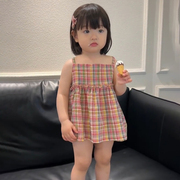 韩国童装女童连衣裙2024夏季洋气格子娃娃衫儿童吊带裙夏装