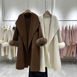 韩国高端双面羊绒大衣女大翻领，修身长款袖口狐狸，毛高级(毛高级)感毛呢外套