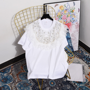韩国东大门2023时尚设计感钉珠镶钻圆领蕾丝拼接短袖T恤女上衣范