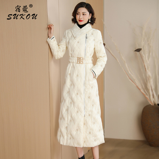 简约米白色羽绒服女2023冬装中长款保暖白鸭绒(白鸭绒)妈妈外套设计感