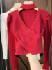红色V领镂空泡泡长袖针织衫女纯欲风性感打底衫2024春季毛衣