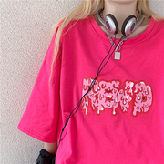 玫粉色T恤女2024夏季韩版ins复古涂鸦字母宽松短袖上衣半袖潮