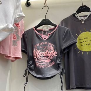 儿童女韩国夏季学生短款字母冰丝抽绳v领紧身弹力，短袖t恤上衣潮