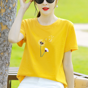 纯棉黄色短袖t恤女士，体恤2024年夏装，宽松夏季女装上衣服正肩