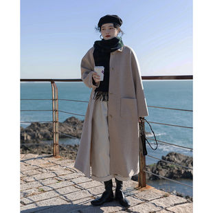 觅定韩系高级大衣女，秋冬季中长款毛呢外套，加厚小个子黑色