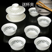 冰晶蜂巢玲珑陶瓷茶具整套镂空青花金线功夫茶碗盖碗茶杯套装