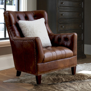中古风美式拉扣单人，沙发客厅全头层油蜡牛皮复古休闲椅铜色铆钉