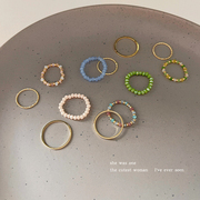 彩色串珠素圈戒指小众设计感时尚，个性冷淡风水晶食指指环套装配饰