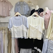 AN studio学院风夏季24韩系短款甜美假两件蕾丝拼接短袖T恤女