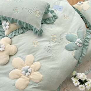 秋冬加厚牛奶绒床上四件套，韩式花边小花双面珊瑚，绒法兰绒被套床单