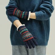 韩版复古文艺针织手套秋冬少女学生双层加绒防寒骑车保暖五指加厚