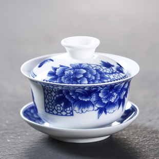 盖碗茶杯德化白瓷茶具大号，敬泡茶碗青花瓷，陶瓷手绘功夫单个三才碗