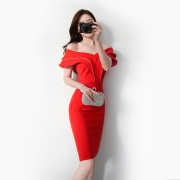 红色小礼服平时可穿2023法式洋装名媛修身派对一字肩连衣裙女