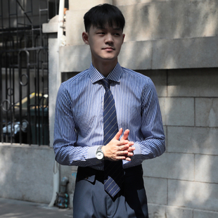 两色英伦蓝色竖条纹休闲修身衬衣，韩版小方领正装，商务上班衬衫