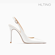 hltino2024夏季白色一字带软皮，高跟鞋女细跟法式包头凉鞋大码