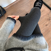 秋冬季烟灰色连裤袜女加厚加绒咖色保暖打底裤，竖条纹深灰色踩脚袜