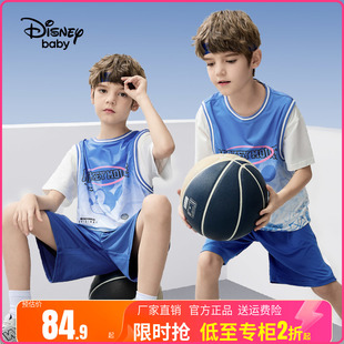 迪士尼童装男童速干男孩，篮球运动套装儿童假两件2024夏装小孩球衣