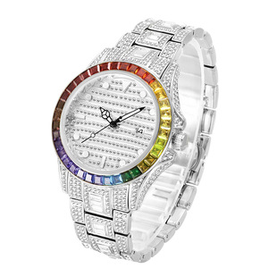  钢带石英表潮流个性彩虹手表时尚圆形玫瑰女普通国产腕表