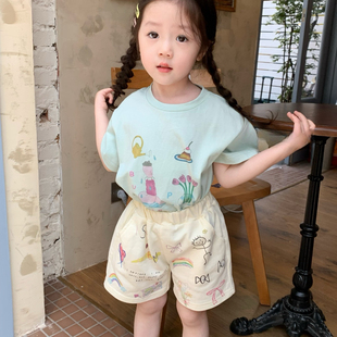 凡妈童装2024夏季韩系女童小童宝宝卡通涂鸦印花T恤休闲短裤
