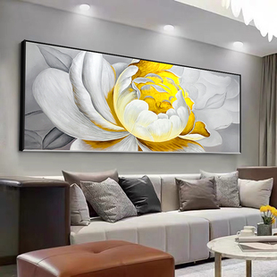 纯手绘金色牡丹油画横版客厅沙发背景墙装饰画卧室床头轻奢壁挂画