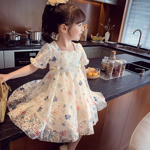 女童公主裙夏季儿童裙子，韩版洋气蝴蝶蕾丝裙，女孩泡泡袖连衣裙