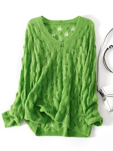 勾花镂空法式慵懒风显瘦针织衫，女夏柔软绿色，小衫宽松v领上衣