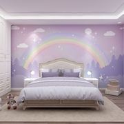 卡通儿童房温馨墙纸紫色云朵w彩虹壁纸女孩卧室公主房背景墙布壁