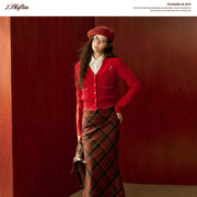 7shiftin原创设计学院风红色，针织开衫套装，秋冬格纹半身长裙
