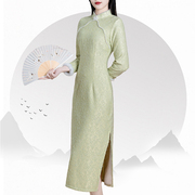 冬季绿色旗袍长款加厚加绒毛领复古中式连衣裙小清新年轻少女