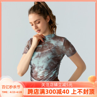 春夏欧美时尚印花健身T恤女网纱褶皱瑜伽服短袖薄款内搭运动上衣