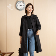 yun韫2024春季女风衣圆领，中长款通勤七分袖纯色衬衫外套